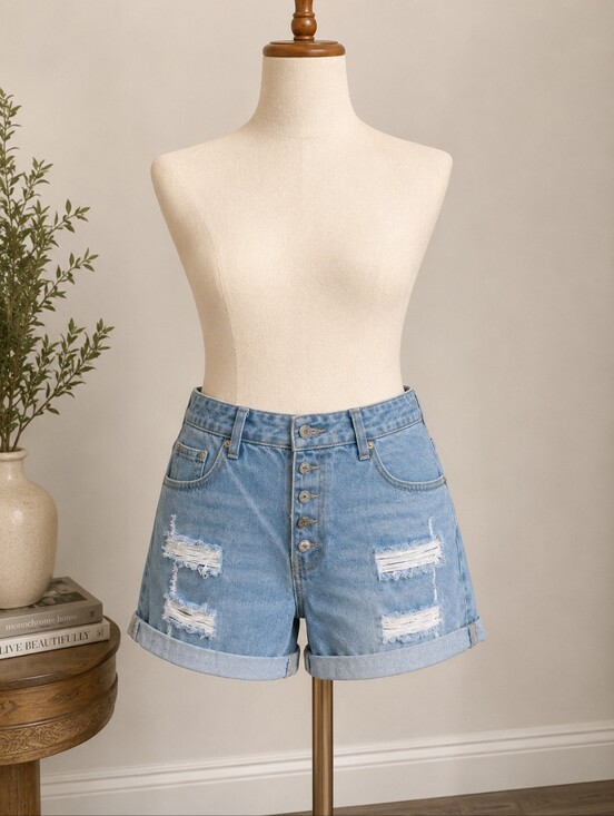 None Pants - Light Blue Distressed Denim Shorts